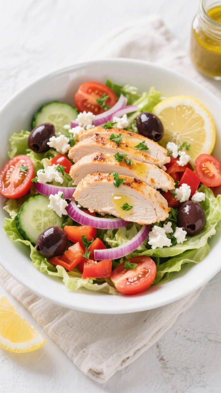 Tasty top view: Overhead shot of a vibrant Greek chicken salad bowl—layered romaine, halved cherry