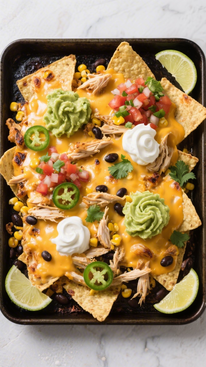 Tasty top view: Overhead shot of baked chicken nachos fresh from the oven on a dark sheet pan—gold
