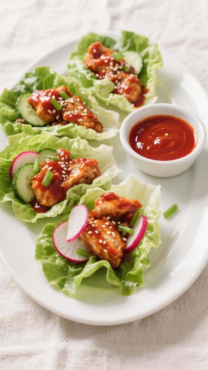 Tasty top view: Overhead shot of Chicken Gochujang lettuce wraps—butter lettuce leaves filled with