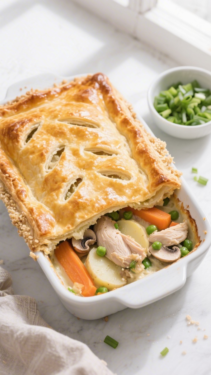 Tasty top view: Overhead shot of chicken pastel baked with a golden puff pastry lid in a rectangular