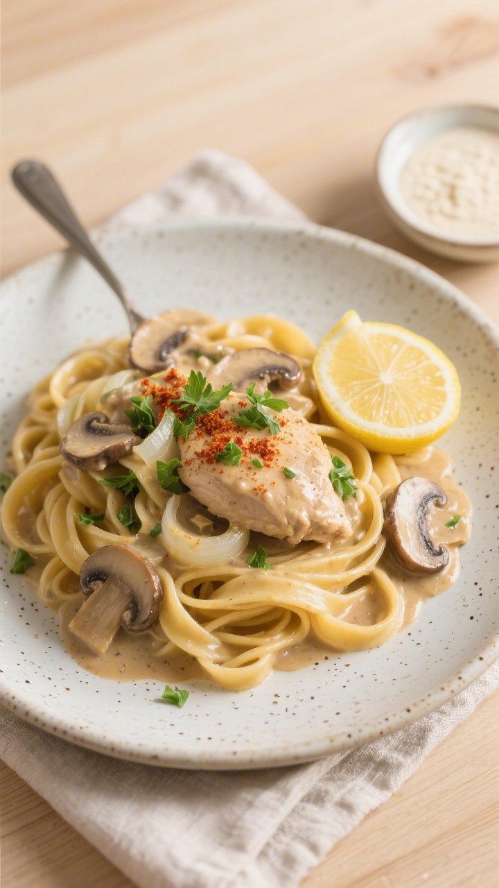 Tasty top view: Overhead shot of chicken stroganoff generously spooned over wide egg noodles, sauce