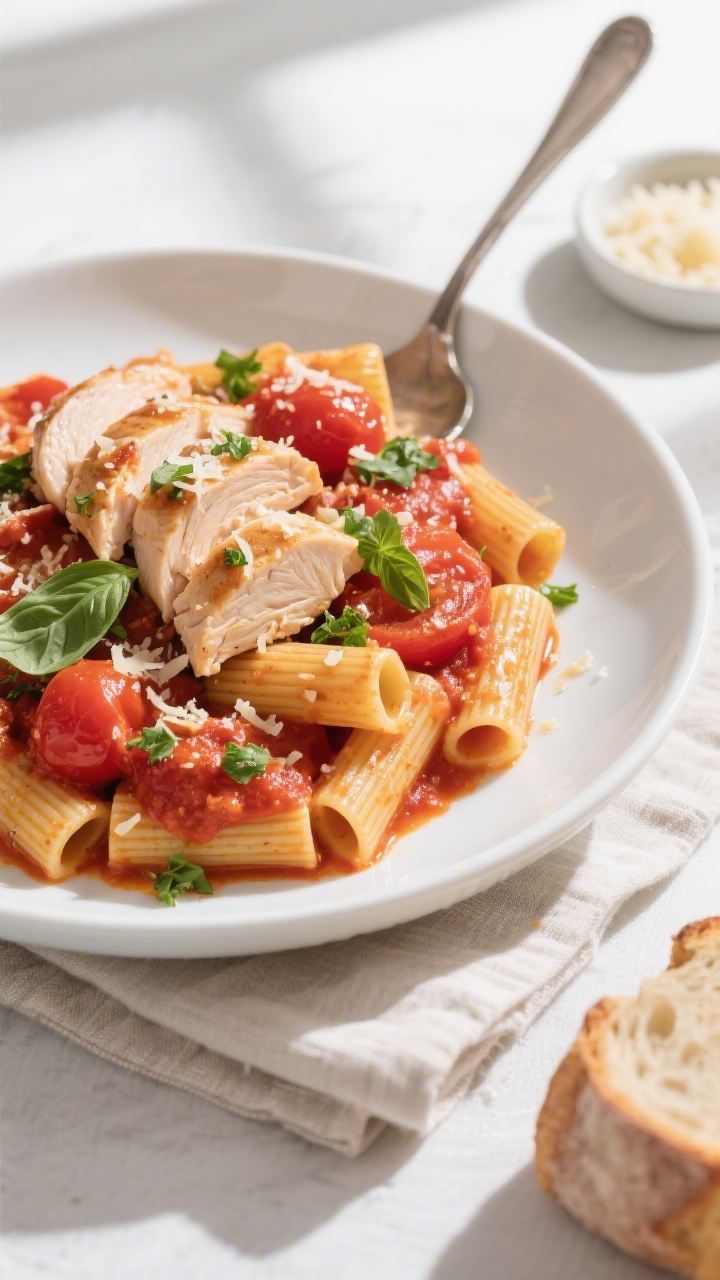 Tasty top view: Overhead shot of Chicken Tomatoes served over al dente rigatoni on a wide white past