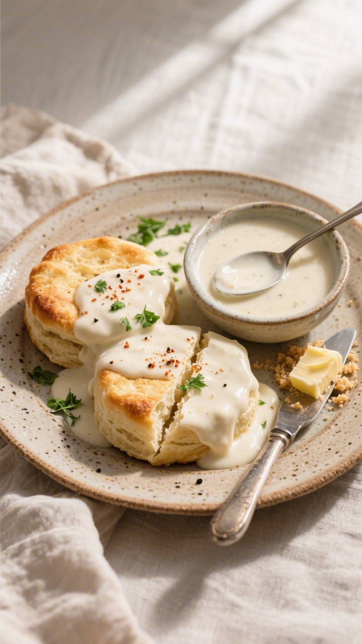 Tasty top view: Overhead shot of creamy white chicken gravy ladled generously over split buttermilk
