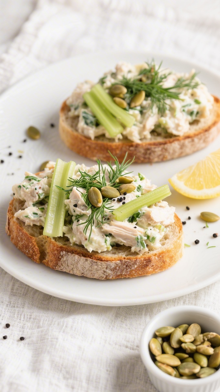 Tasty top view: Overhead shot of dill chicken salad tucked into toasted sourdough open-faced sandwic