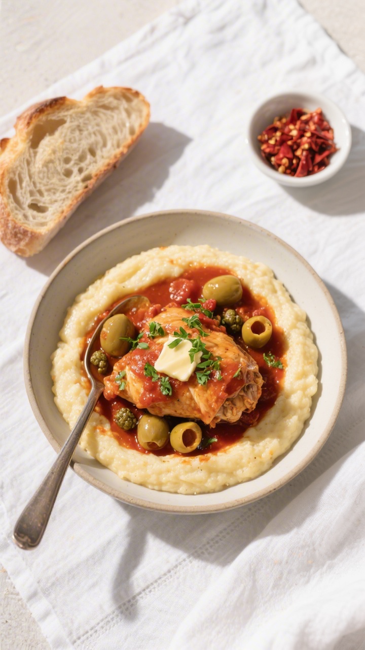 Tasty top view: Overhead shot of finished chicken cacciatore spooned over creamy polenta in a wide,