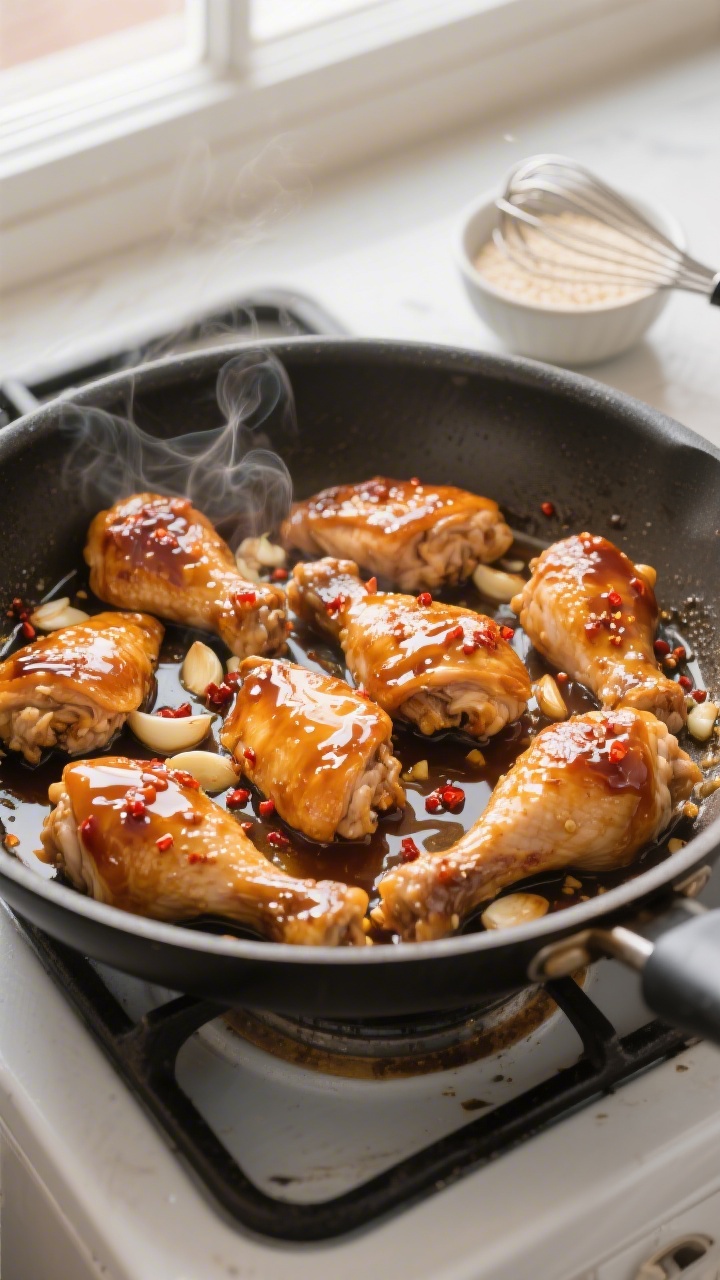 Tasty top view: Overhead shot of glossy honey-coated chicken just tossed in the skillet, sauce thick