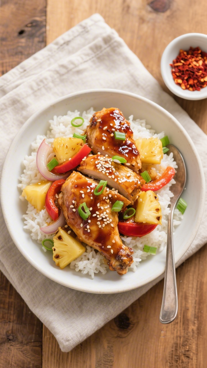 Tasty top view: Overhead shot of Hawaiian chicken spooned over fluffy white rice in a wide, shallow