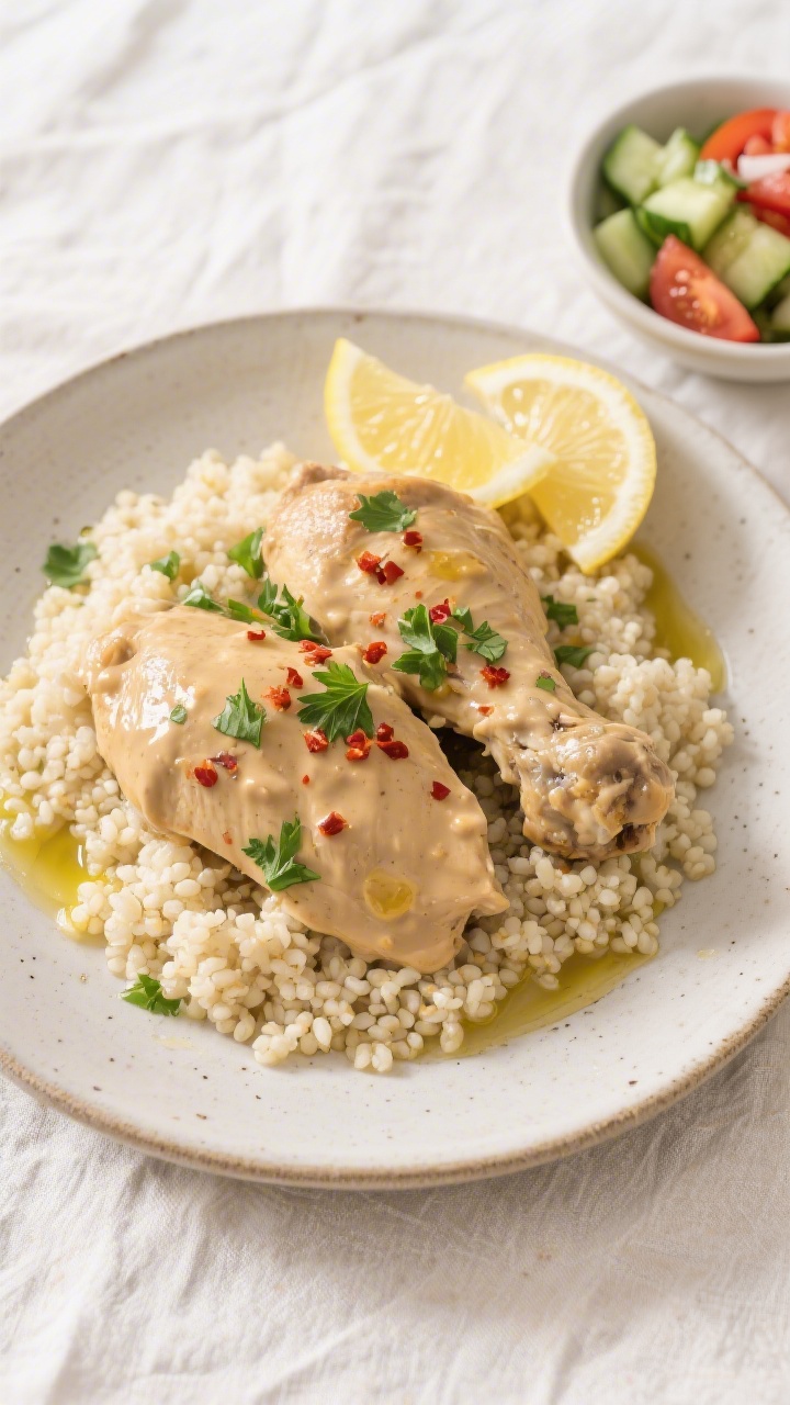 Tasty top view: Overhead shot of tahini chicken served over fluffy couscous, sauce thick and silky,