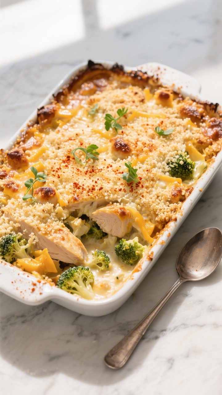 Tasty top view — Overhead shot of the baked Chicken Divan just out of the oven: bubbling edges, ev