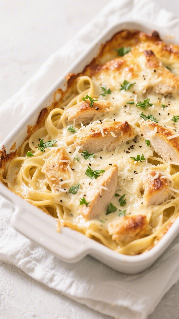 Tasty top view: Overhead shot of the baked chicken fettuccine alfredo in a 9x13 casserole, bubbly an