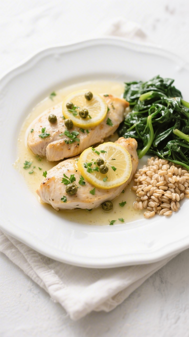 Tasty top view: Overhead shot of the final plated Healthy Chicken Piccata—two thin, tender cutlets
