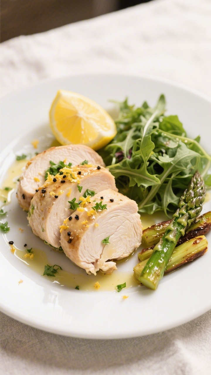 Tasty top view: Overhead shot of the final plated stuffed chicken—two thick slices fanned on a mat