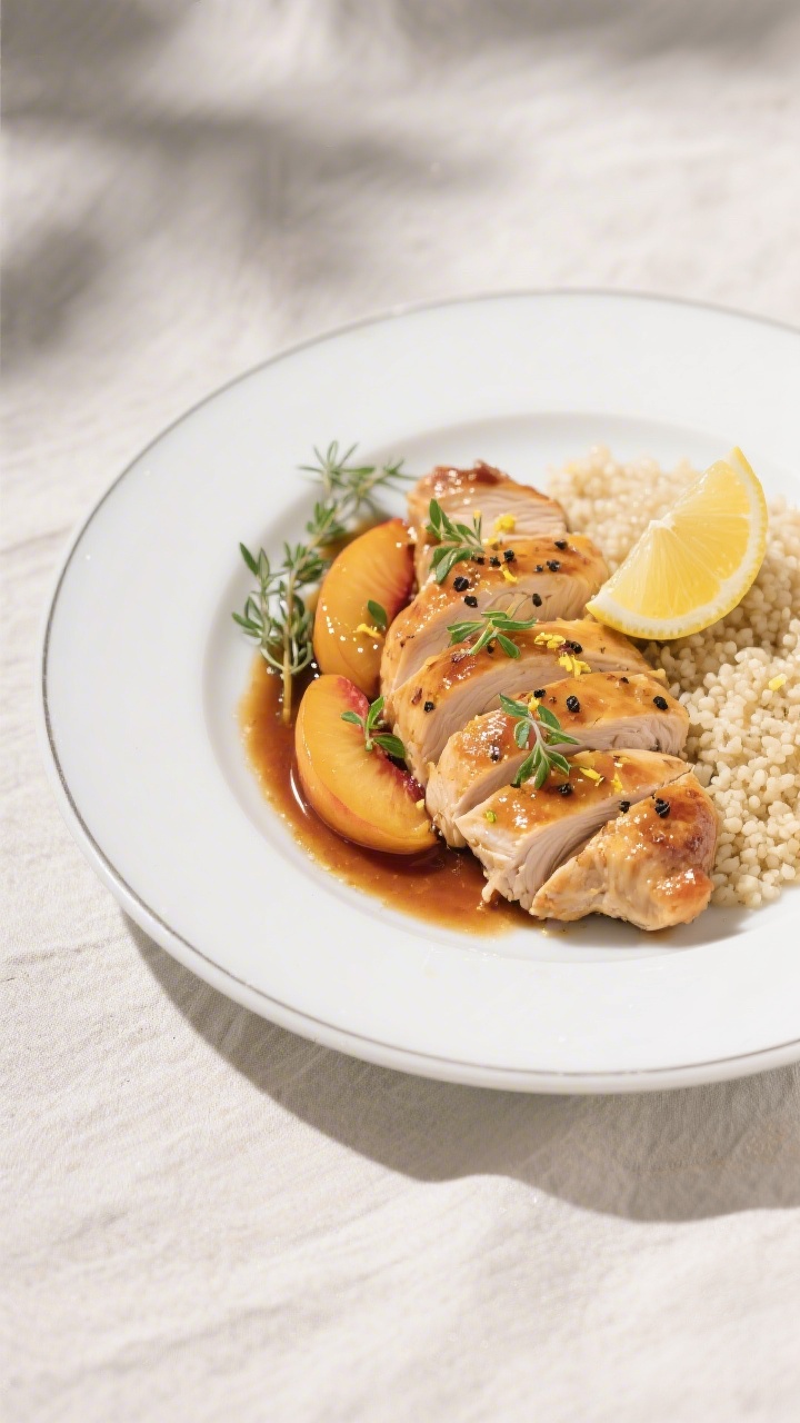 Tasty top view: Overhead shot of the finished Chicken and Peaches plated on a wide white rimmed plat