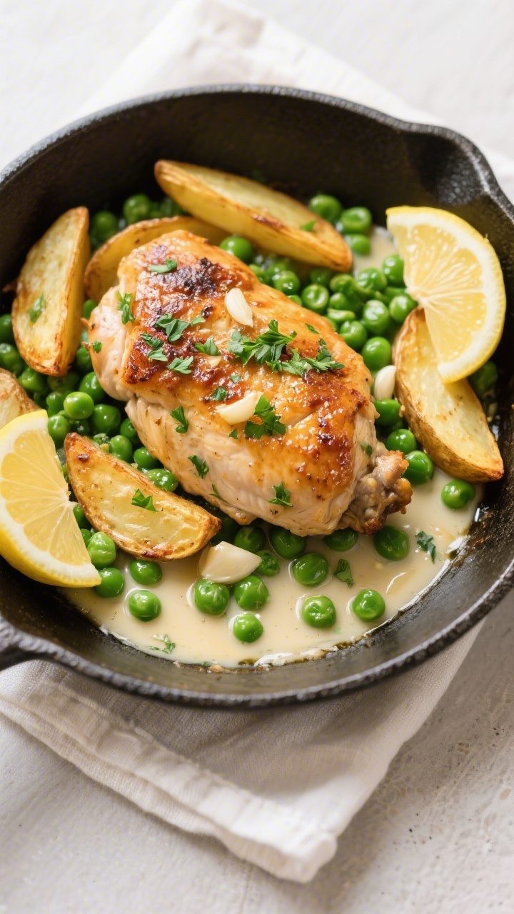 Tasty top view: Overhead shot of the finished Chicken Vesuvio in the skillet—crisp, lacquered chic