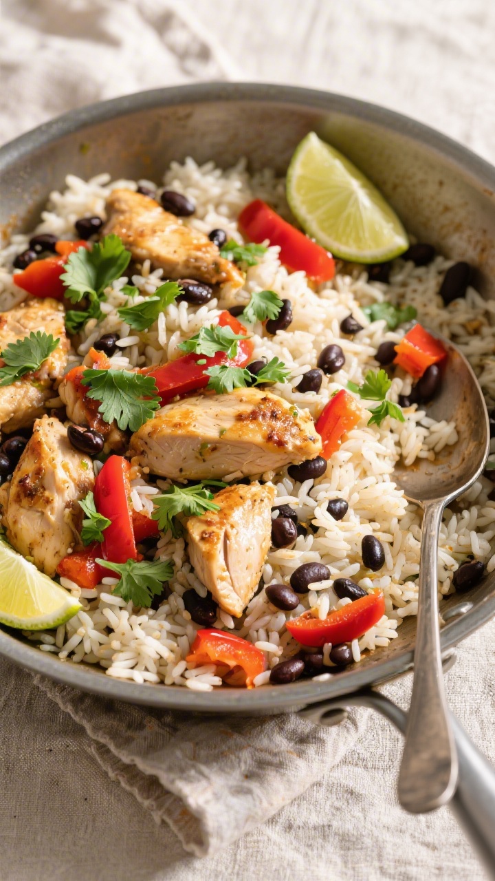 Tasty top view: Overhead shot of the finished chicken, rice, and beans in a wide skillet—fluffy lo