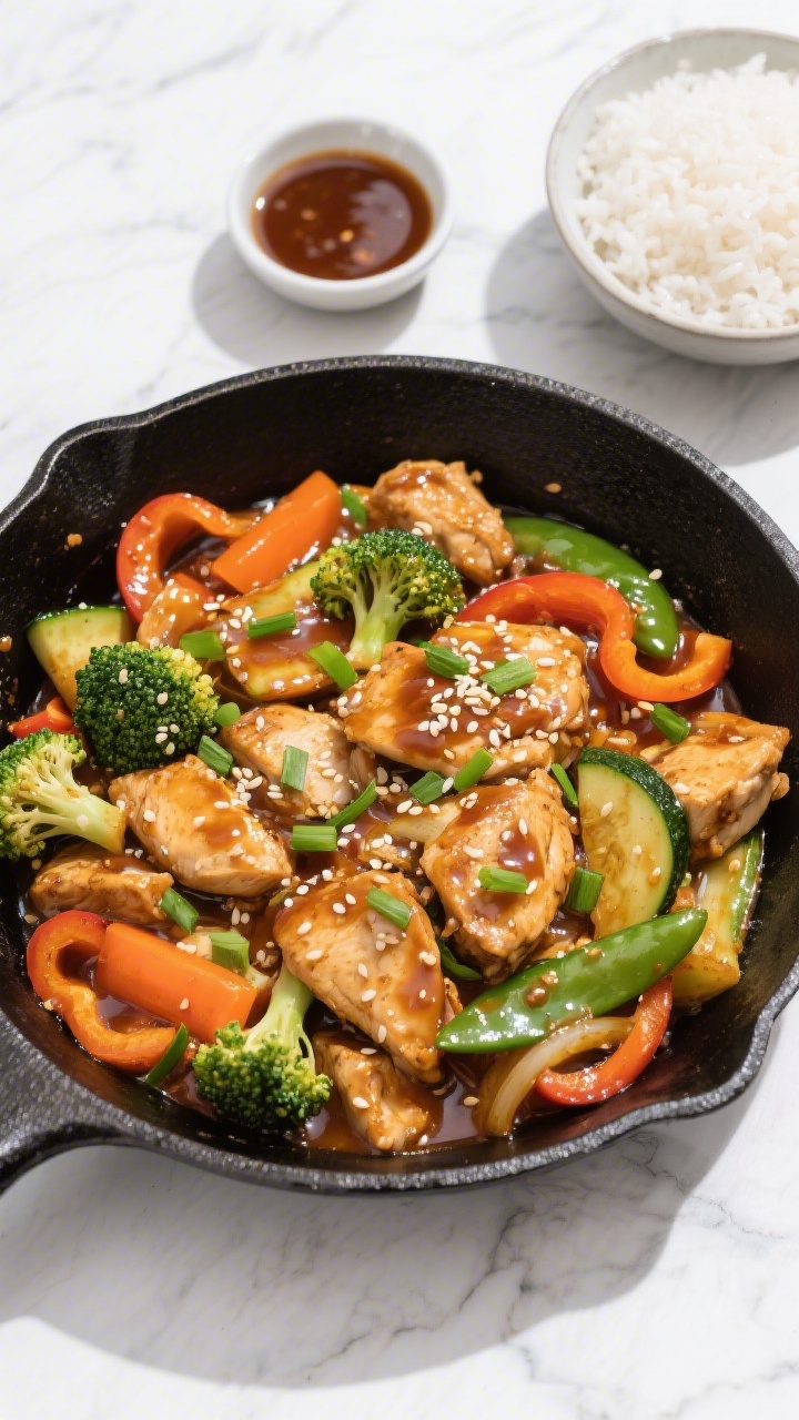 Tasty top view: Overhead shot of the finished chicken and vegetable stir fry served family-style in