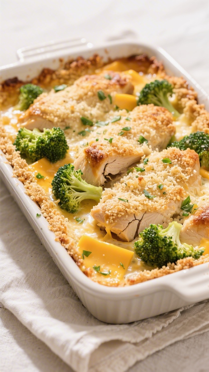 Tasty top view: Overhead shot of the freshly baked Chicken Divine in a 9x13 ceramic baking dish—bu
