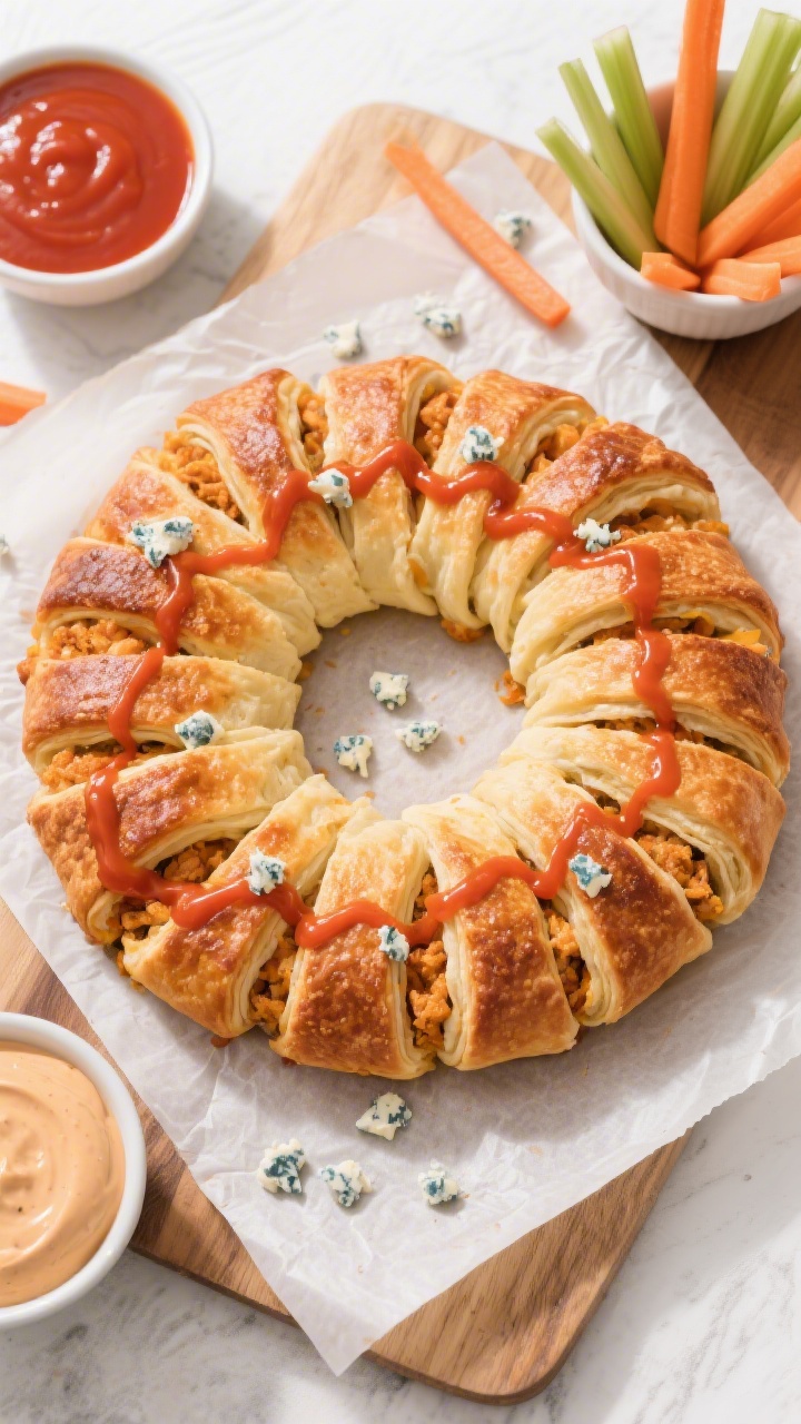 Tasty top view: Overhead shot of the full buffalo chicken crescent ring centerpiece on a parchment-l