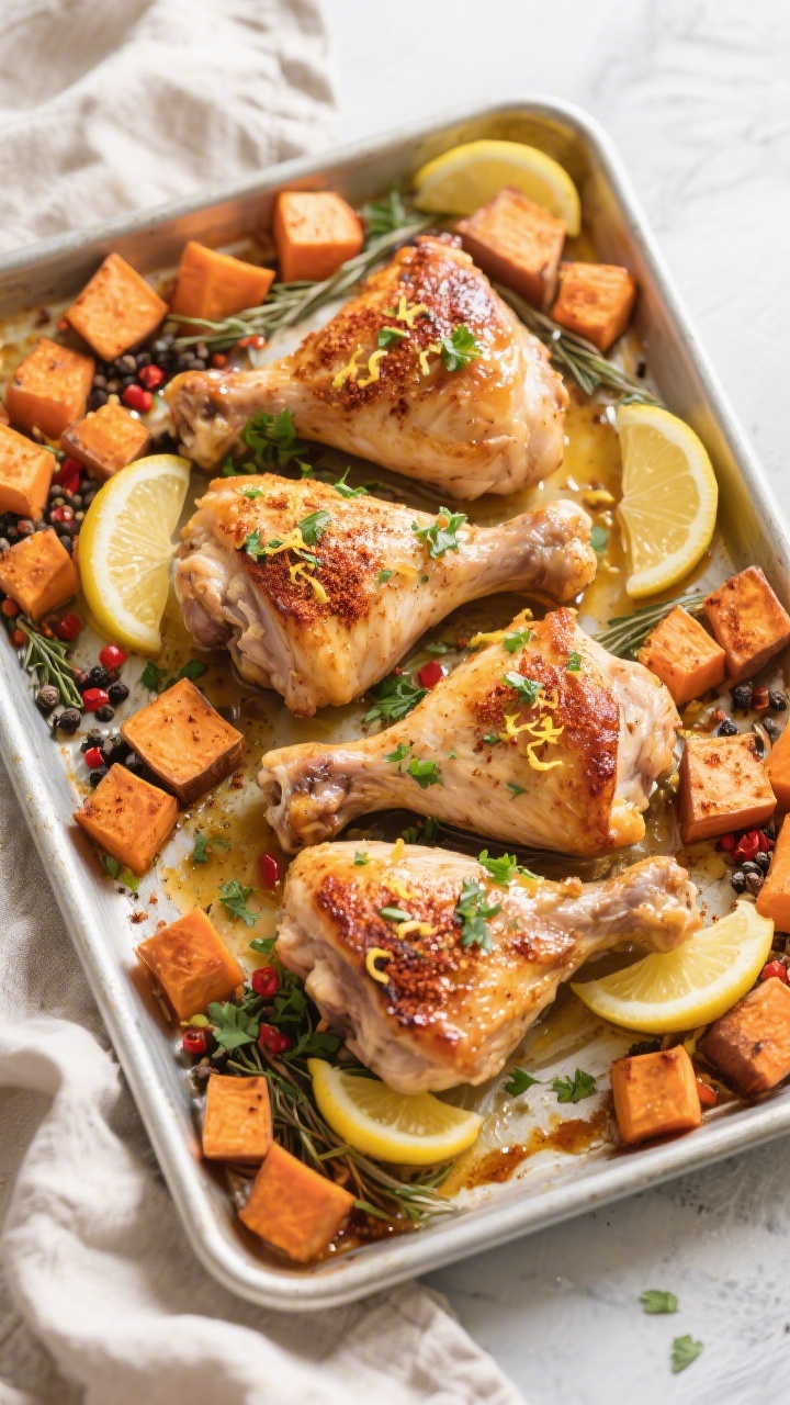 Tasty top view: Overhead shot of the full sheet pan roast—four chicken thighs skin-side up amid ev