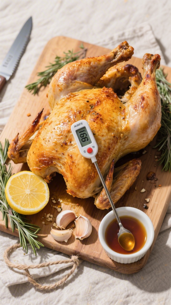 Tasty top view: Overhead shot of the fully cooked airfryer whole chicken resting on a wooden cutting