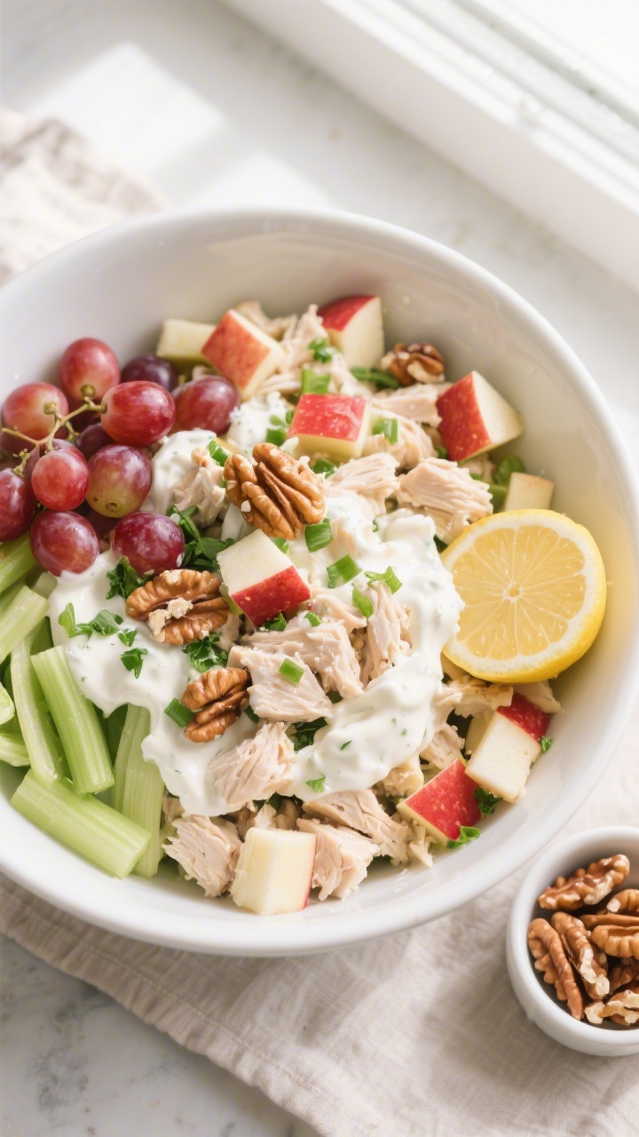 Tasty top view — Overhead shot of Waldorf chicken salad just combined in a large white mixing bowl