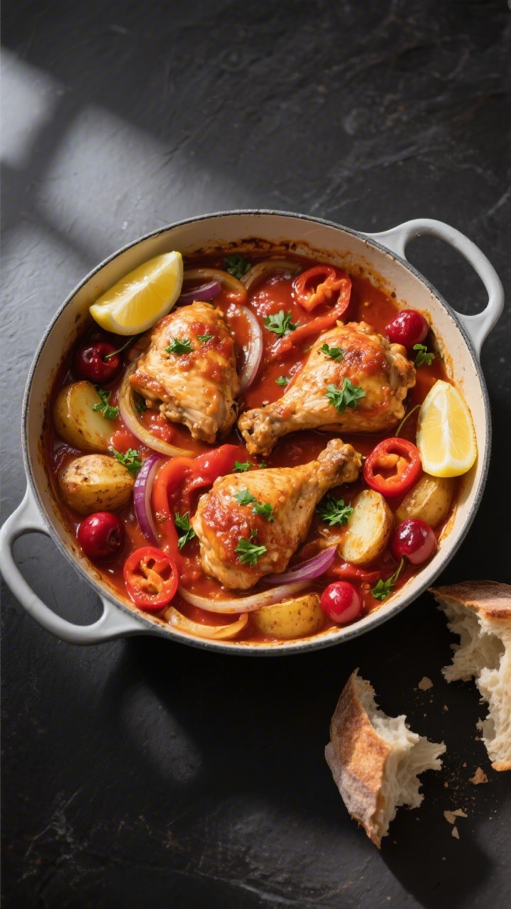 Tasty top view, saucy one-pan finale: Overhead shot of finished Chicken Murphy in a wide enamel Dutc