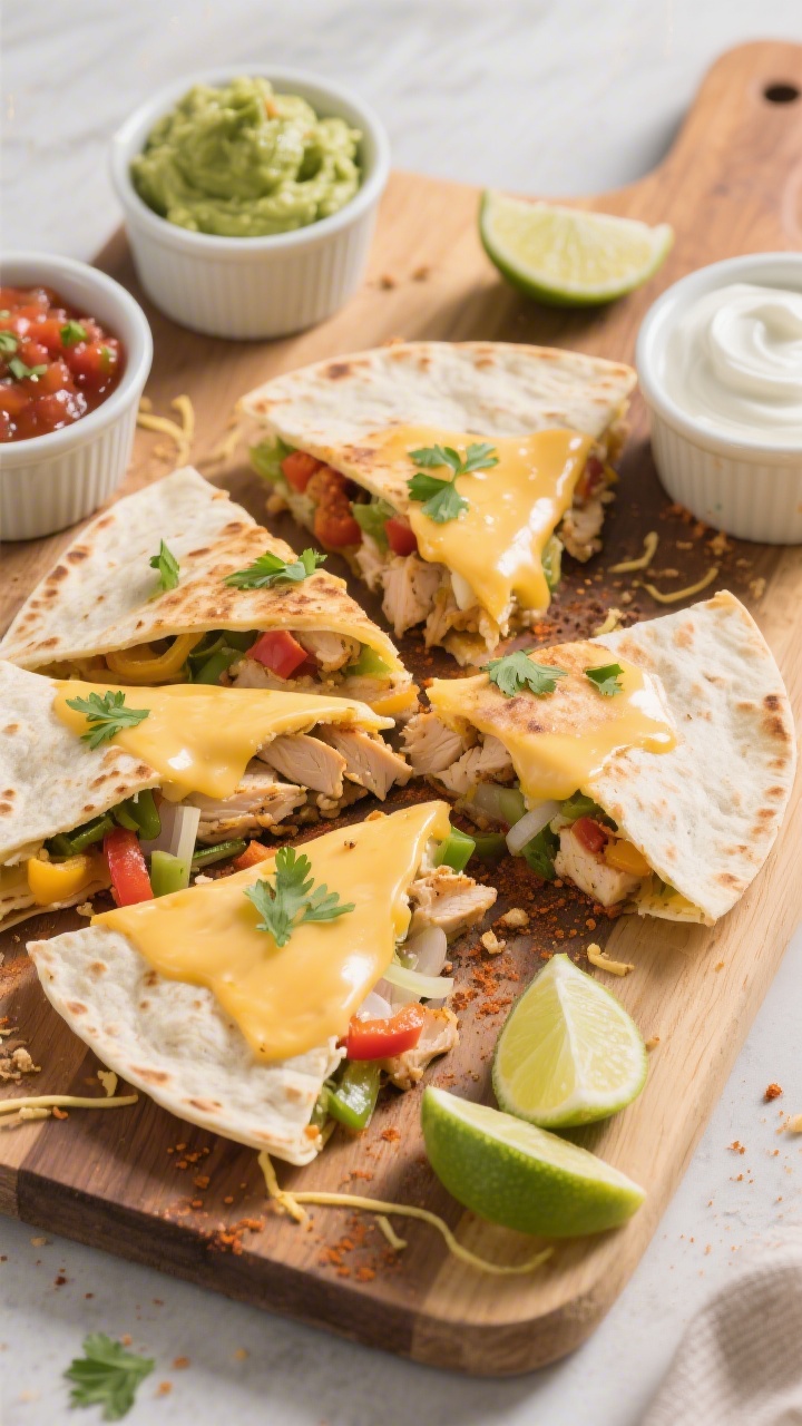 Tasty top-view shot: Overhead of a cutting board with a just-sliced chicken quesadilla cut into neat