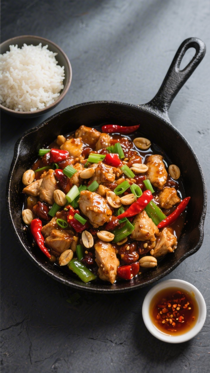 Tasty top-view spread: Overhead shot of Chicken Kung Pao served family-style in a black cast-iron sk